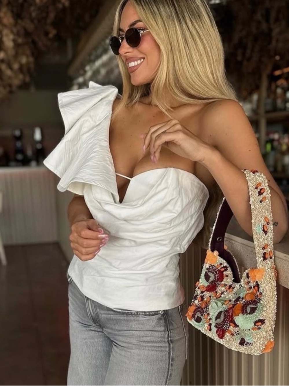 New Zara One-Shoulder White Ruffled  Top